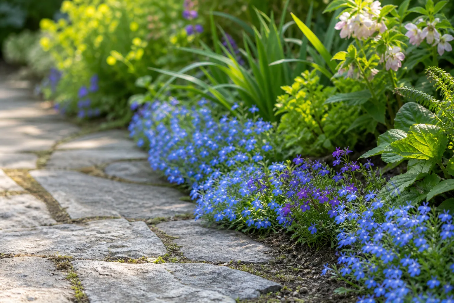 Low trailing lobelia erinus with sky-blue and purple flowers edging a mixed spring garden border beside a stone path
