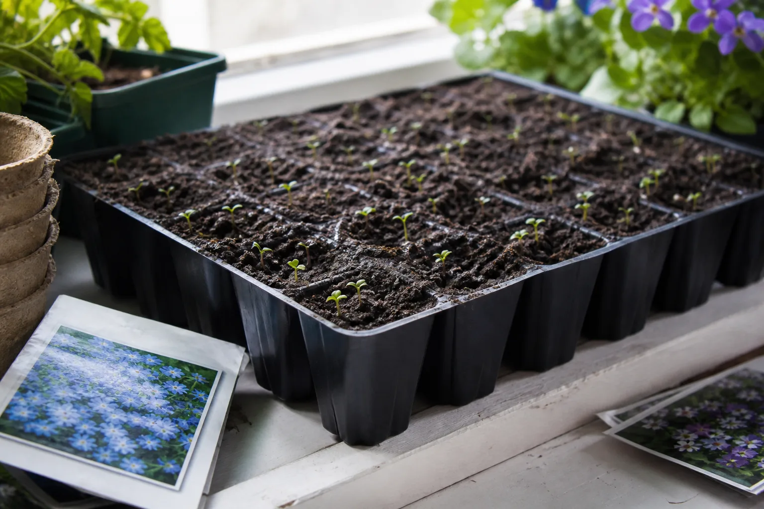 Seed-starting cell trays with moist potting mix under indoor grow lights on a potting bench