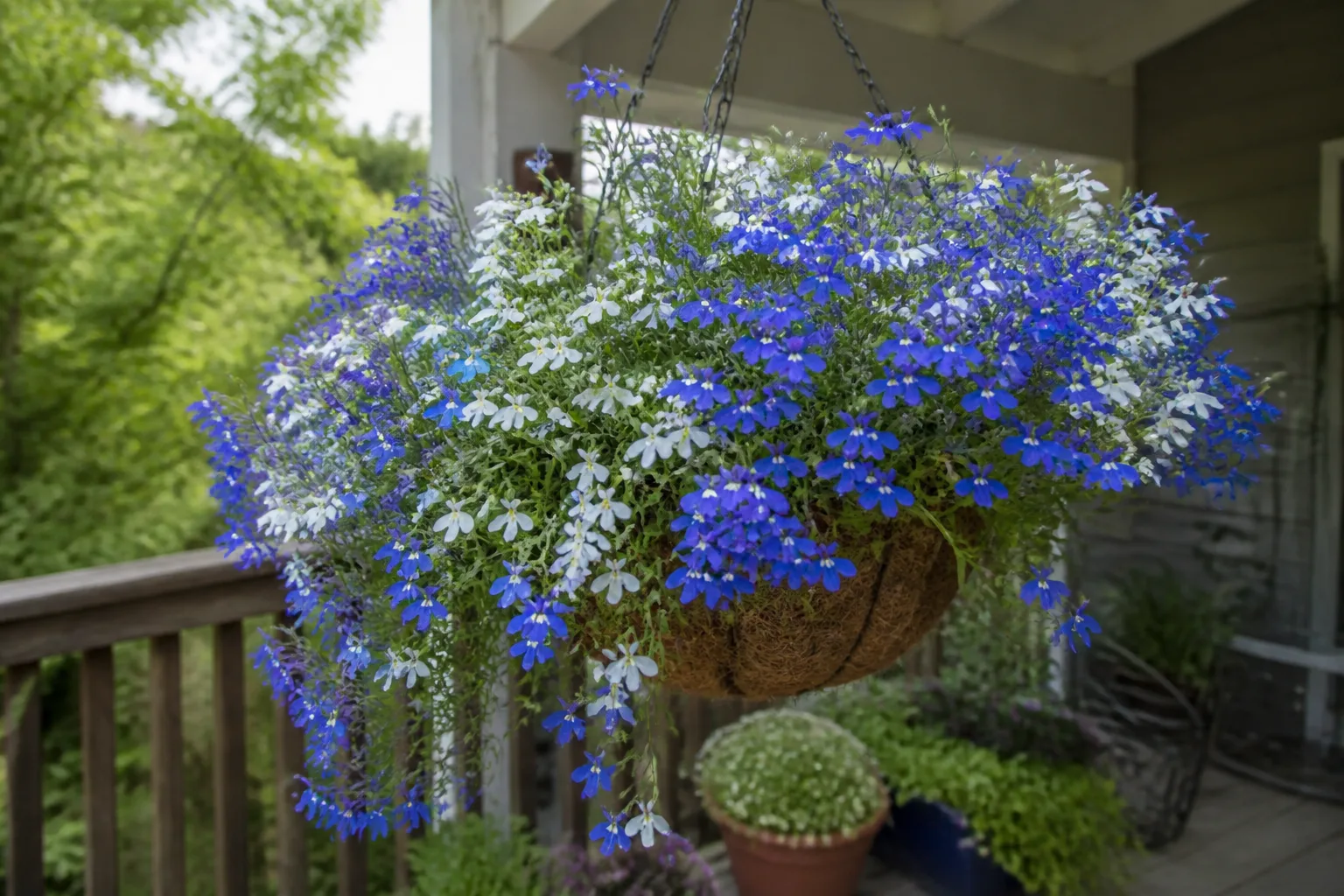 Trailing lobelia erinus cascading from a hanging basket with blue and white tubular flowers