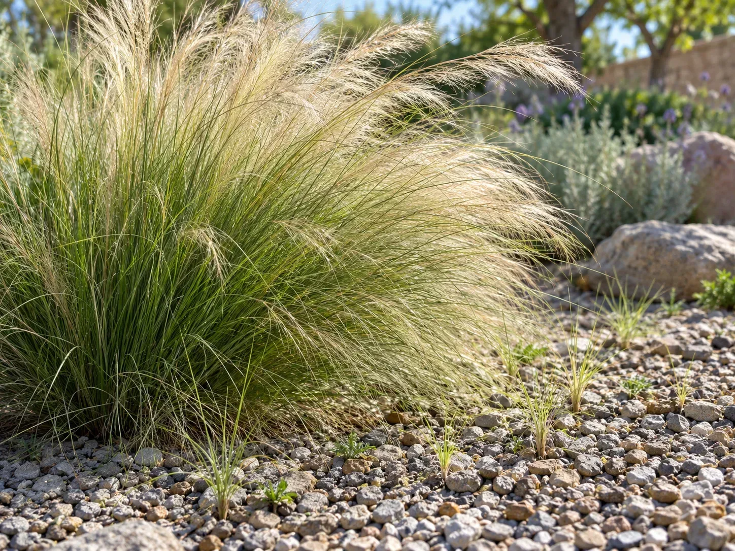 Mature Mexican feather grass panicles above small seedlings in gravel