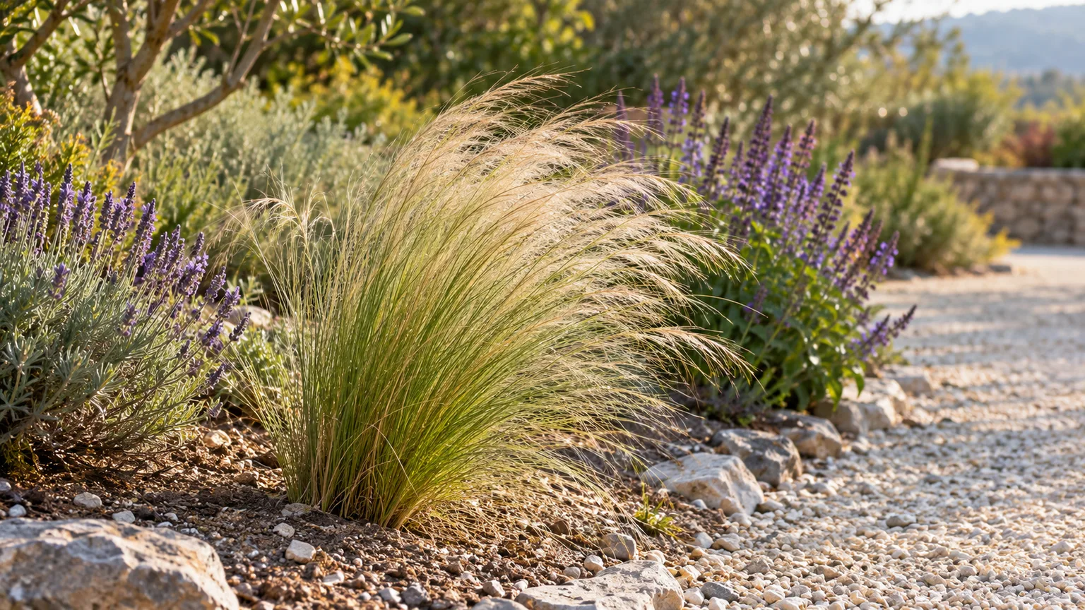 Mexican feather grass in a sunny, well-drained border beside gravel and flowering companions