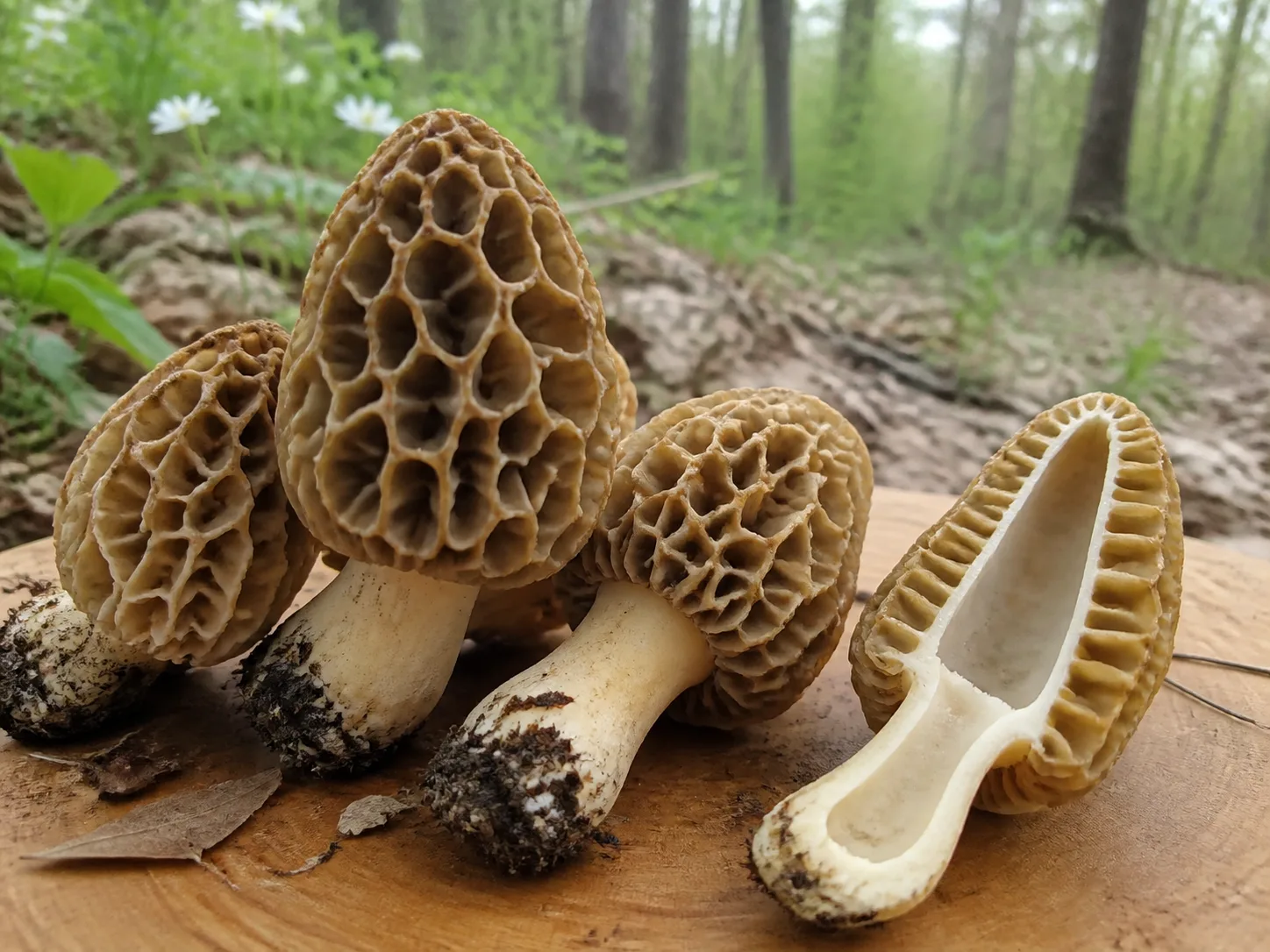 True morels beside one specimen sliced lengthwise to show the hollow interior