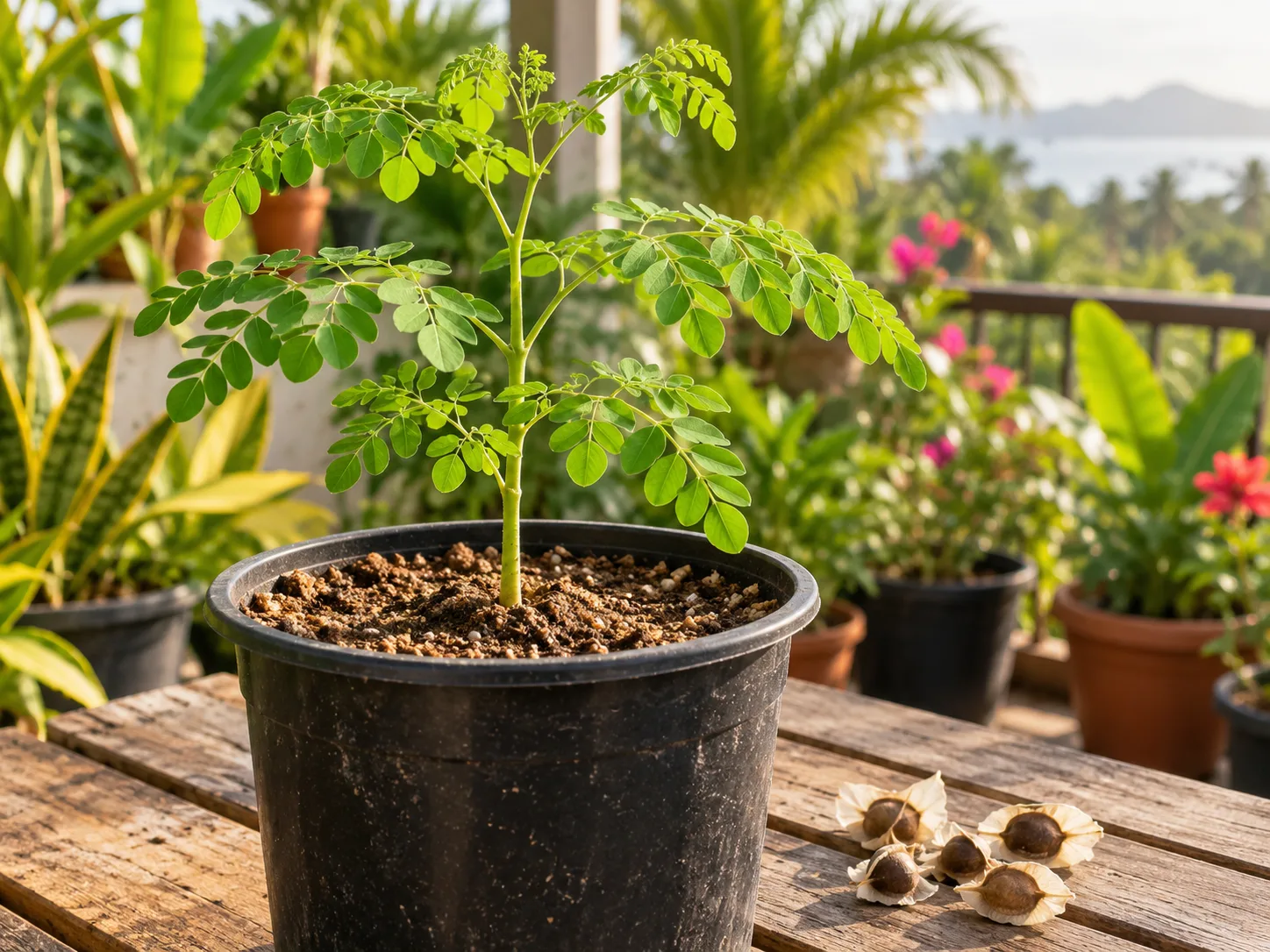 Young Moringa seedlings and winged seeds in a deep pot of loose growing mix.