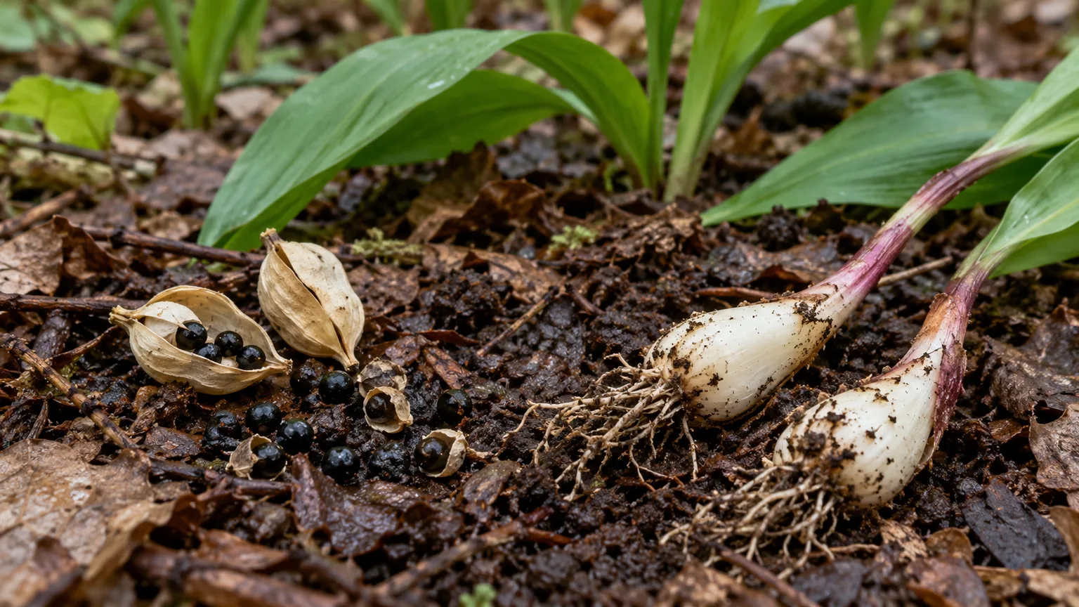 Ramp seeds and dormant bulbs resting on damp hardwood leaf mold