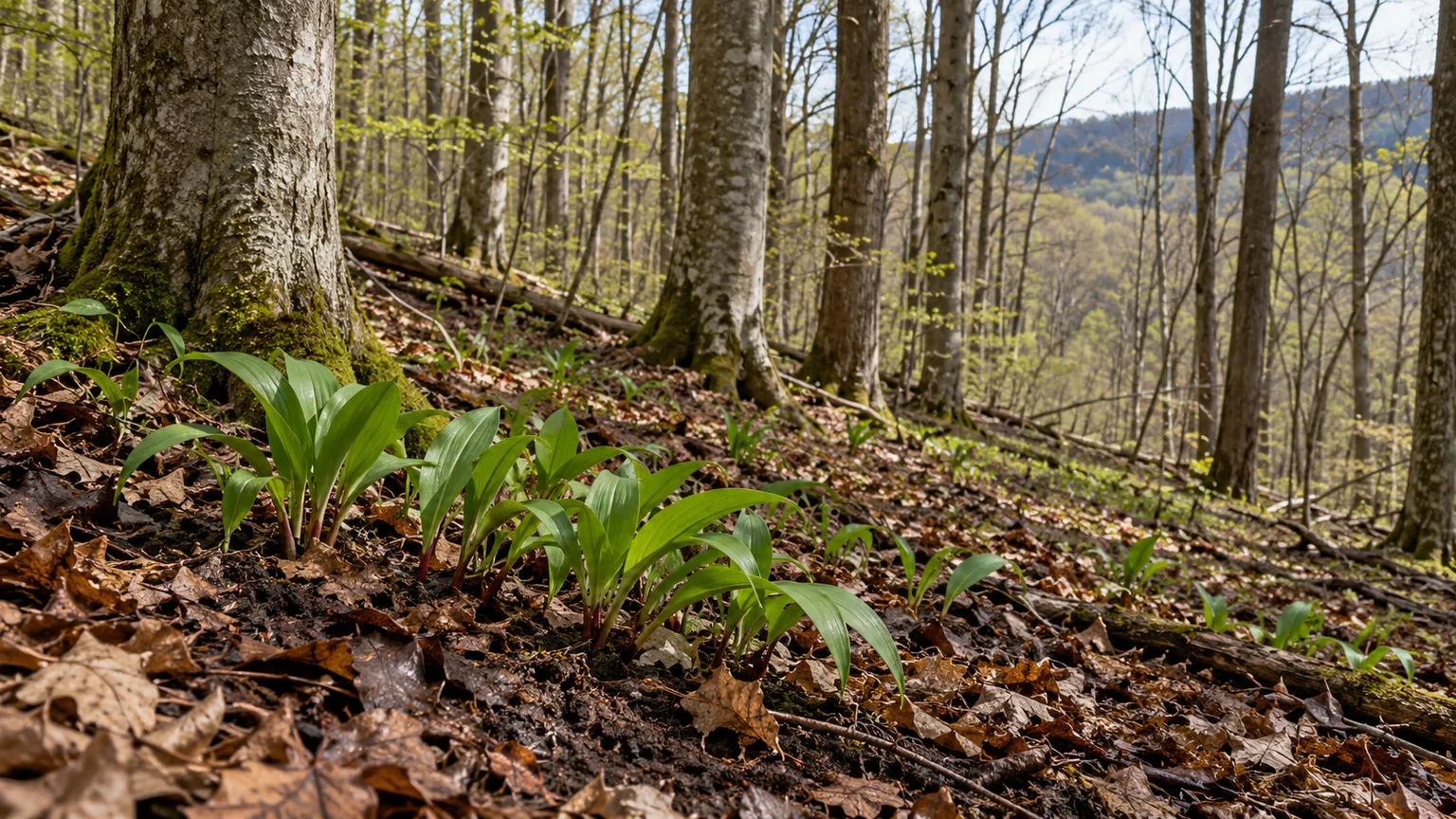 A gentle deciduous woodland slope with spring light reaching a moist leaf-covered ramp patch