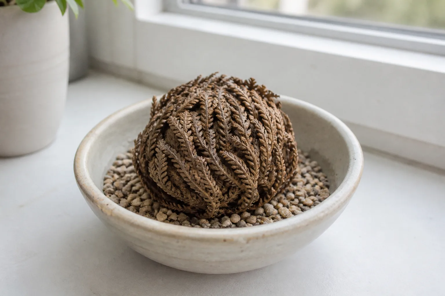 Dried dormant resurrection plant curled into a brown ball on gravel