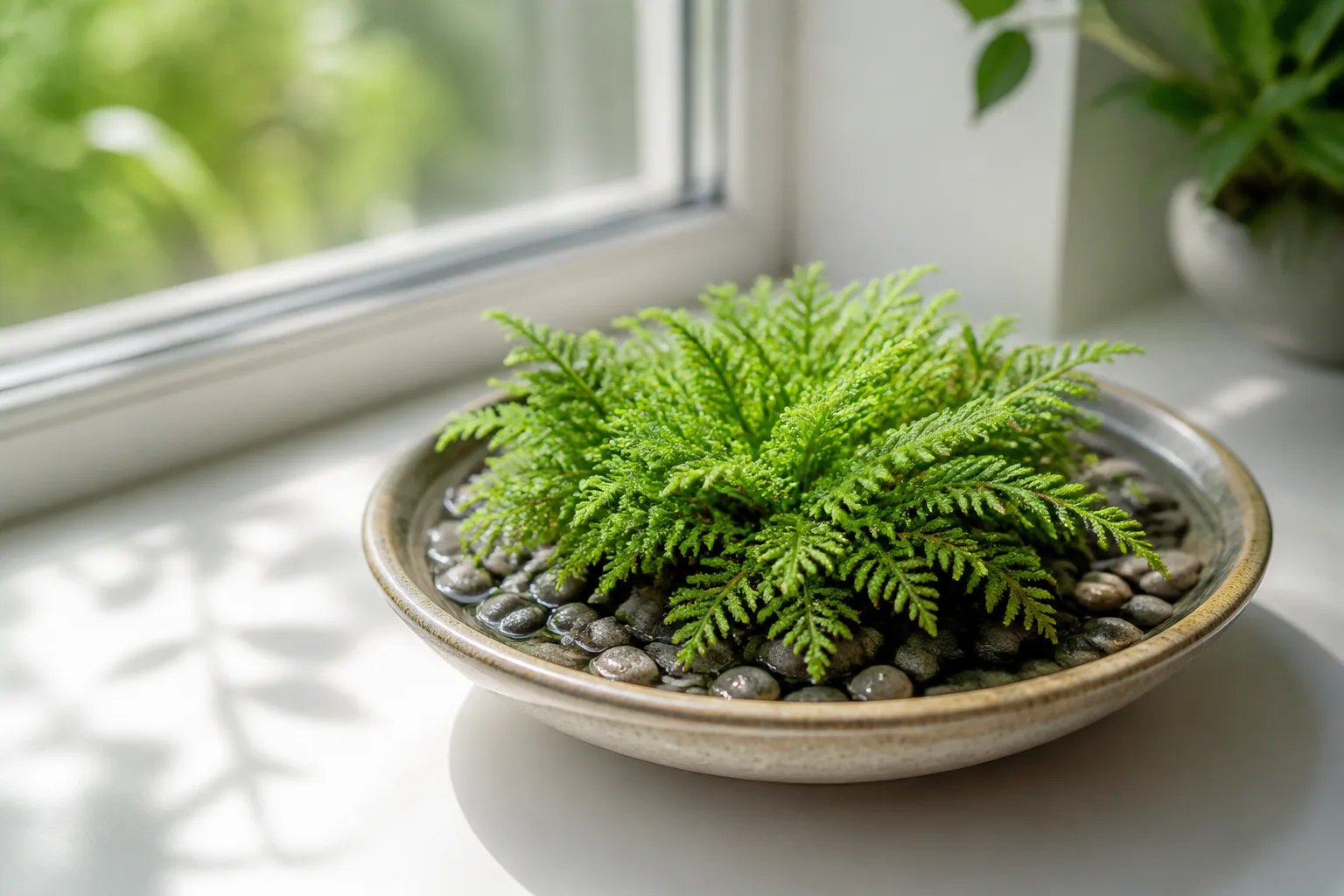 Revived green Selaginella lepidophylla resurrection plant resting on gravel in a shallow bowl