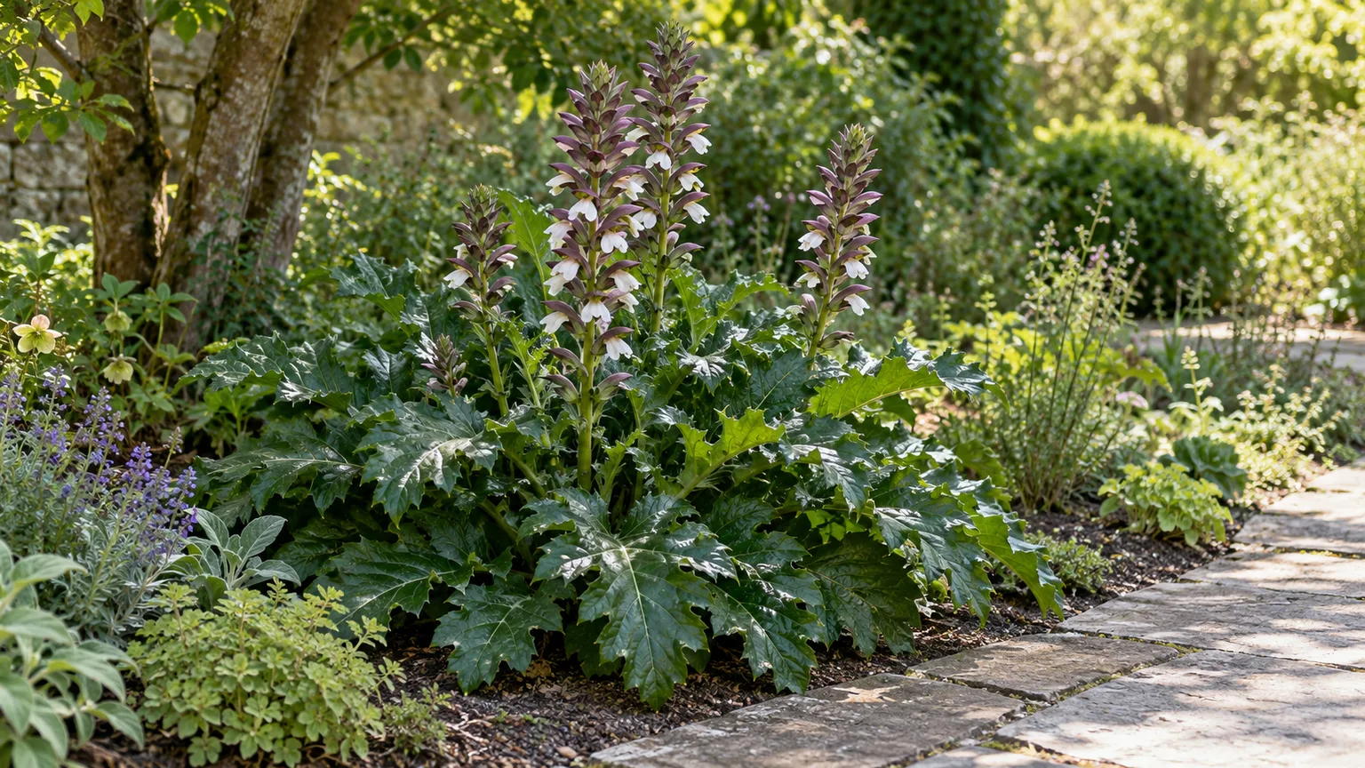 Bear’s breeches growing in a spacious, partially shaded garden border beside a defined stone path
