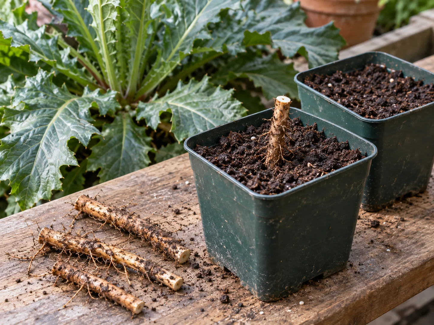Root sections set into propagation compost beside a bear’s breeches plant