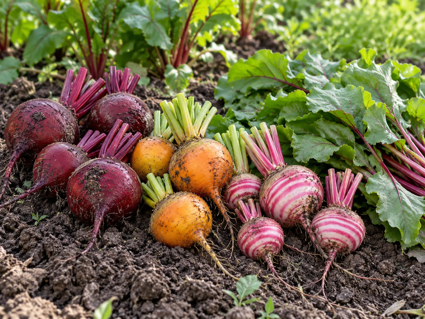 A freshly harvested mix of red, gold, and striped beets with edible greens