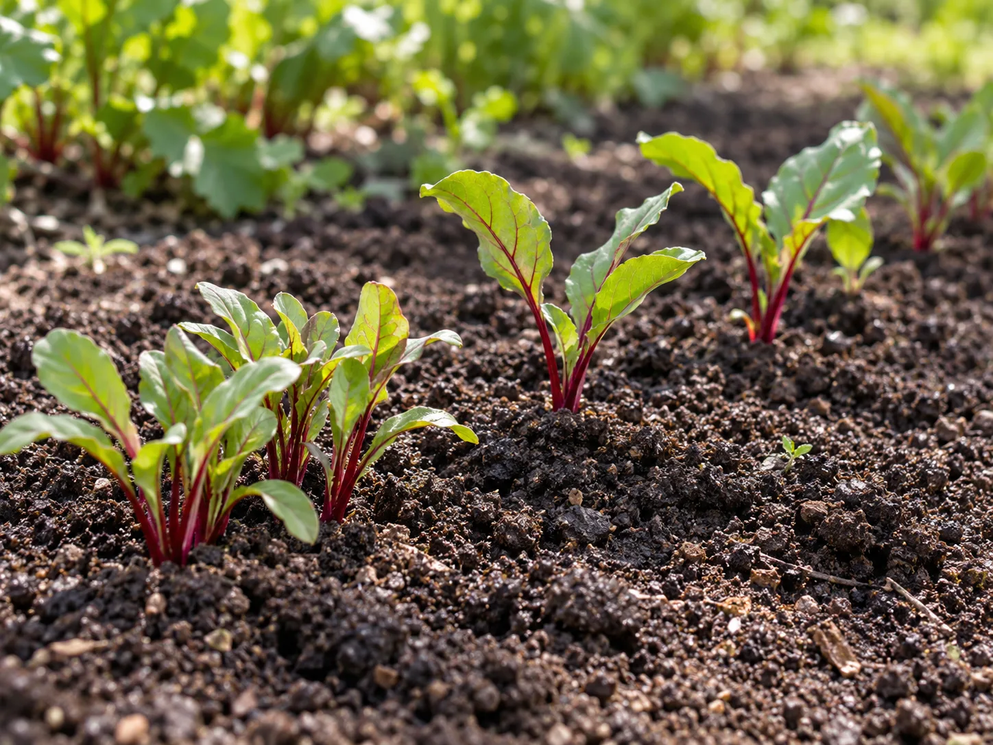 Young beet seedlings at different spacing stages in fine garden soil