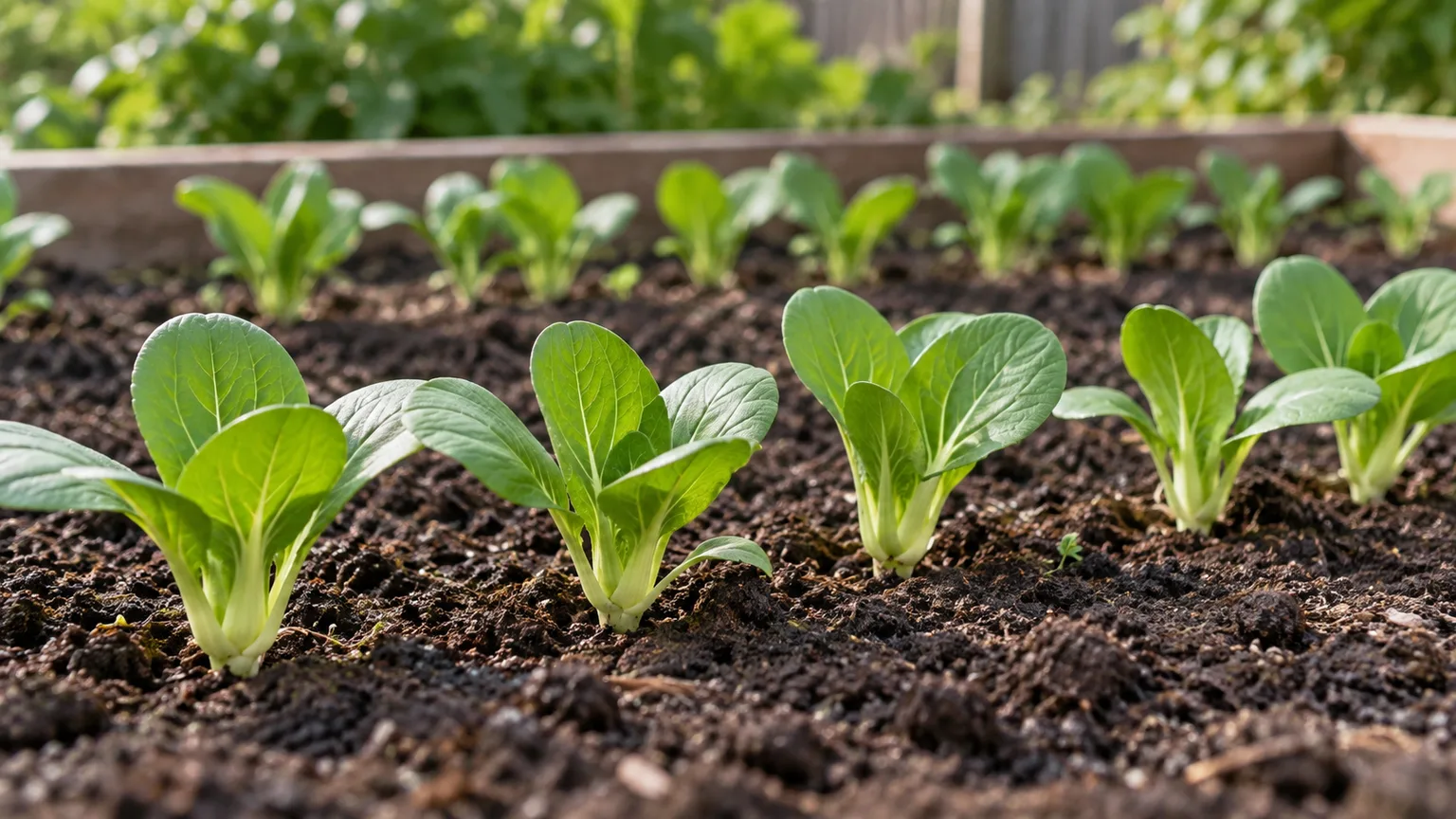 Young bok choy plants spaced in a garden bed with moist soil between rows
