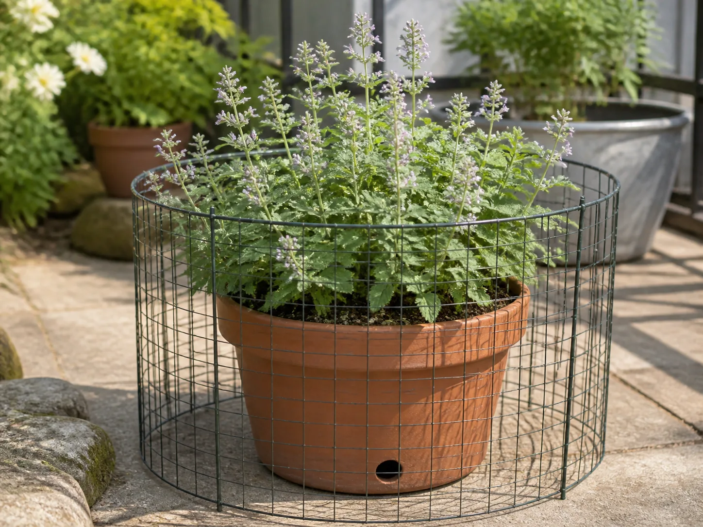 A healthy potted catnip plant protected by an airy wire guard