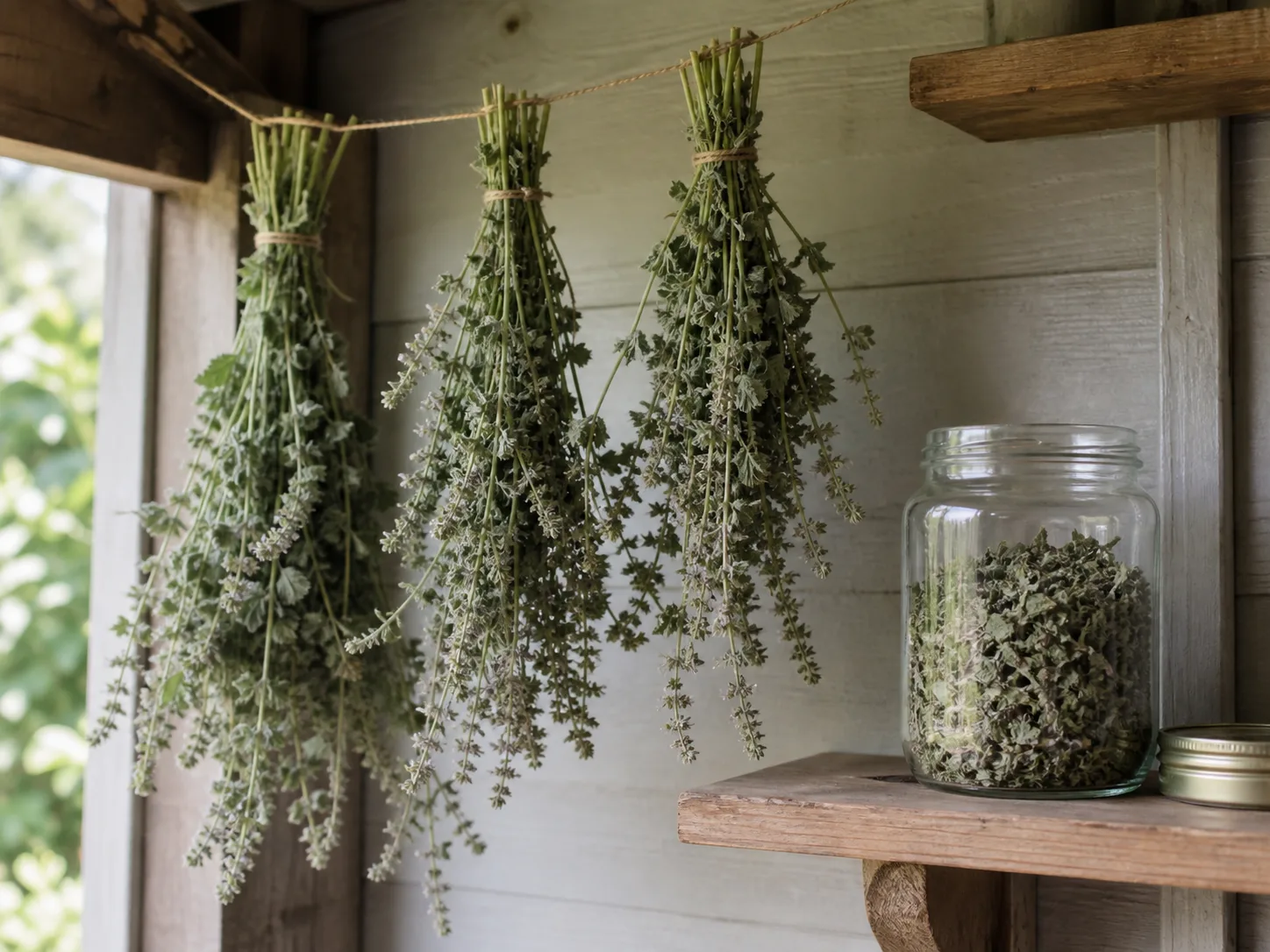 Catnip stems hanging to dry beside a jar of dried leaves