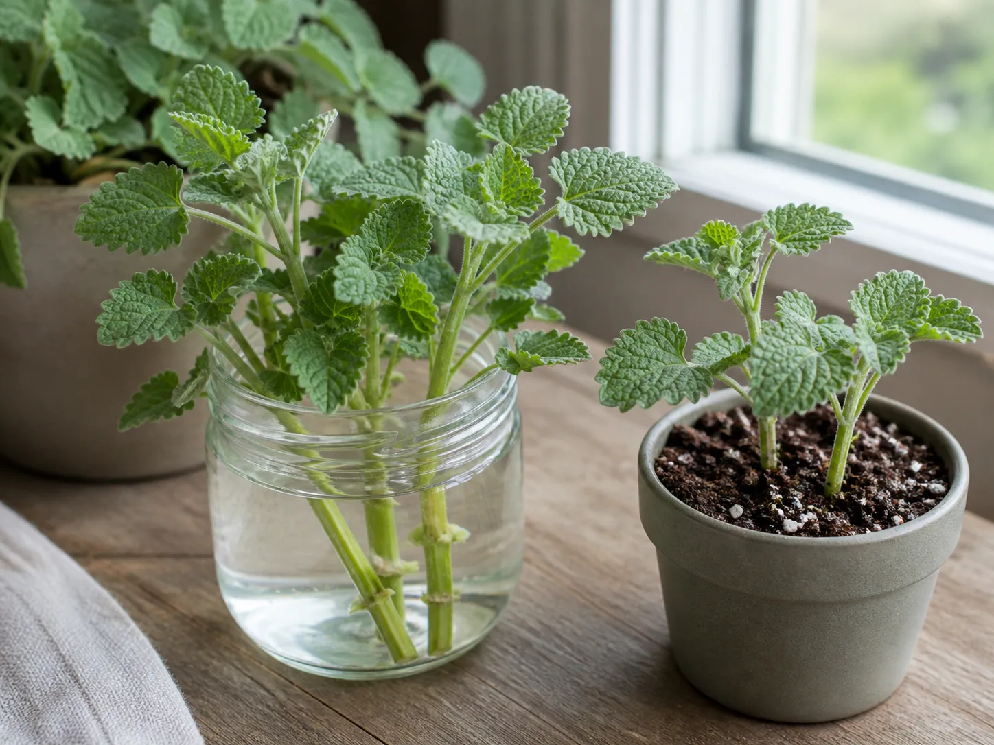 Catnip stem cuttings rooting in water beside a pot of moist propagation mix