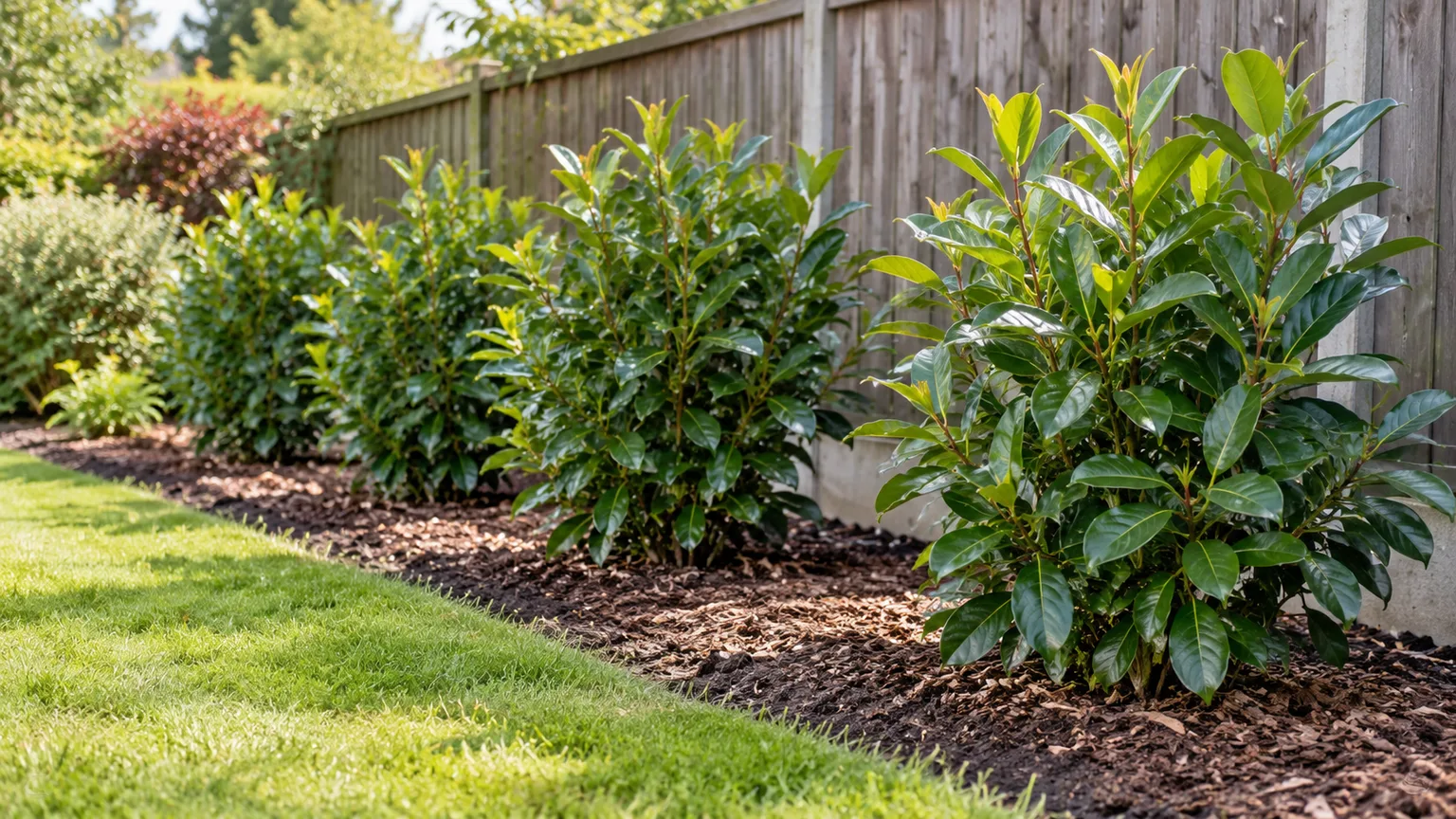 Young cherry laurel shrubs planted at intervals in a mulched garden border