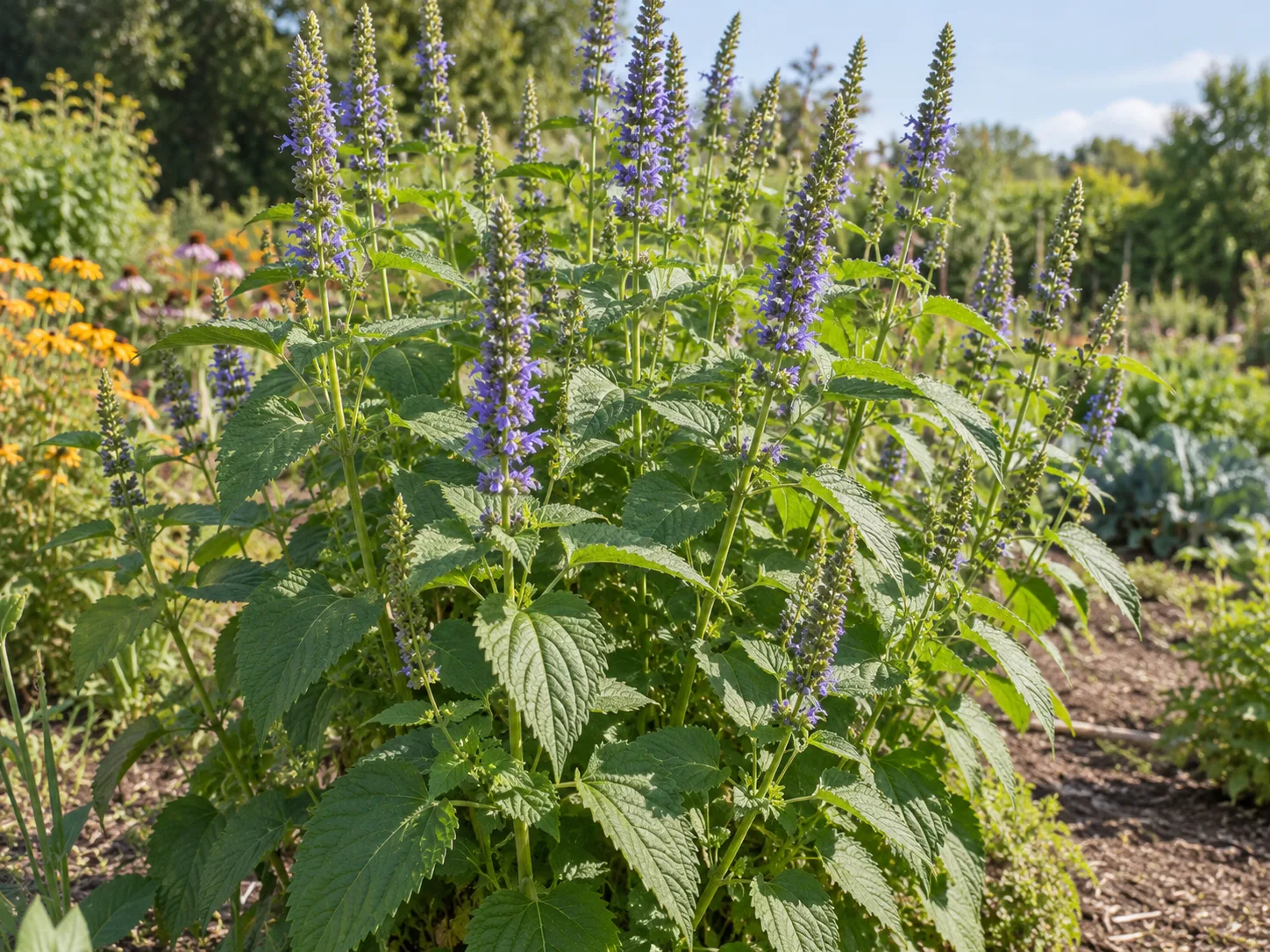 Mature chia plants with violet flower spikes growing in a sunny outdoor garden bed