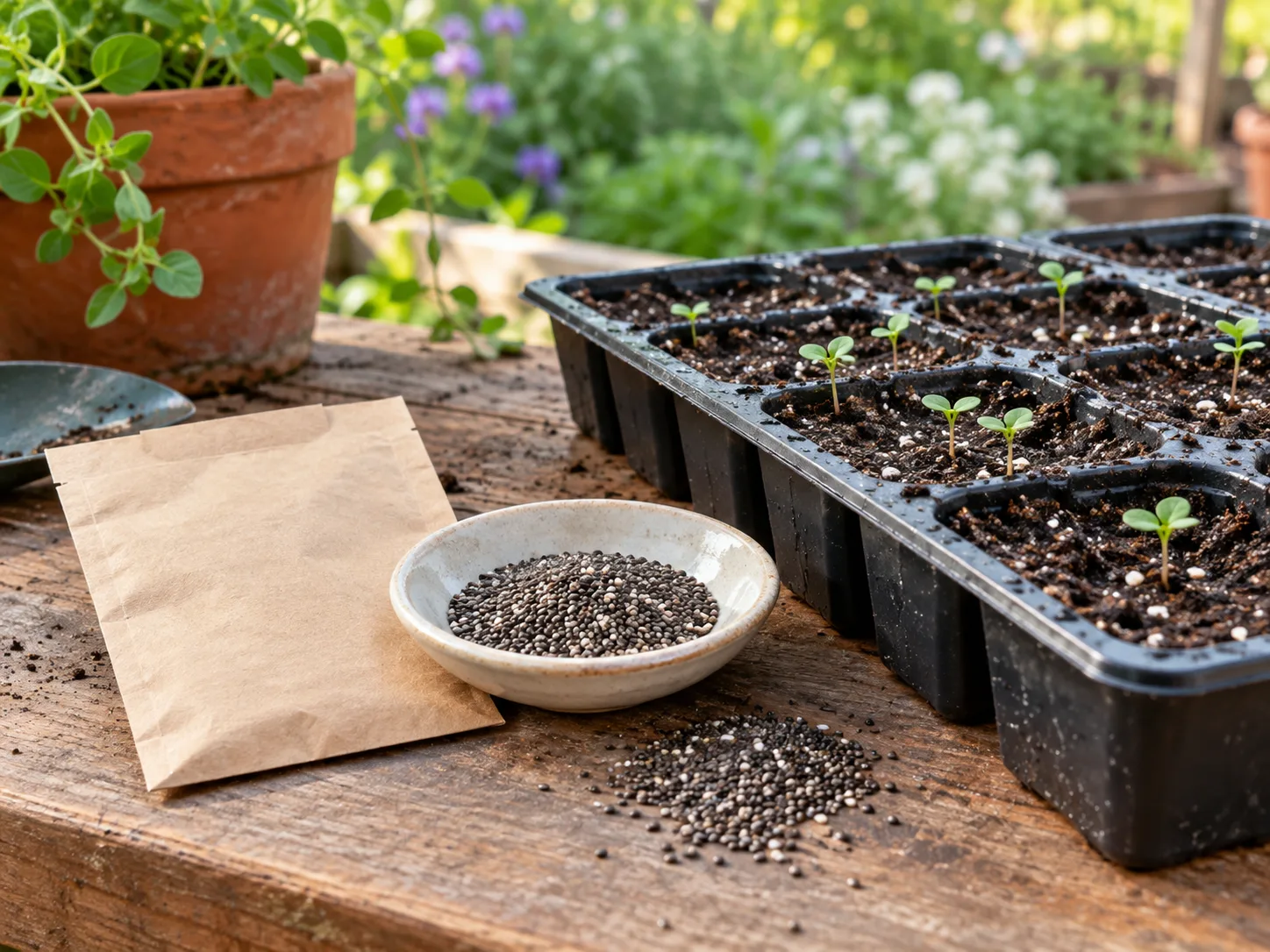 Dry chia seeds beside young seedlings in a seed tray on an outdoor potting bench