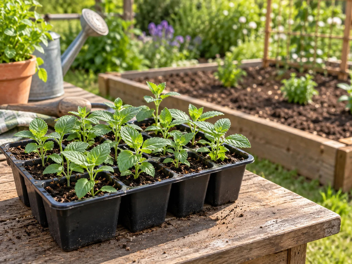 Young chia starts in a tray beside a prepared outdoor garden bed
