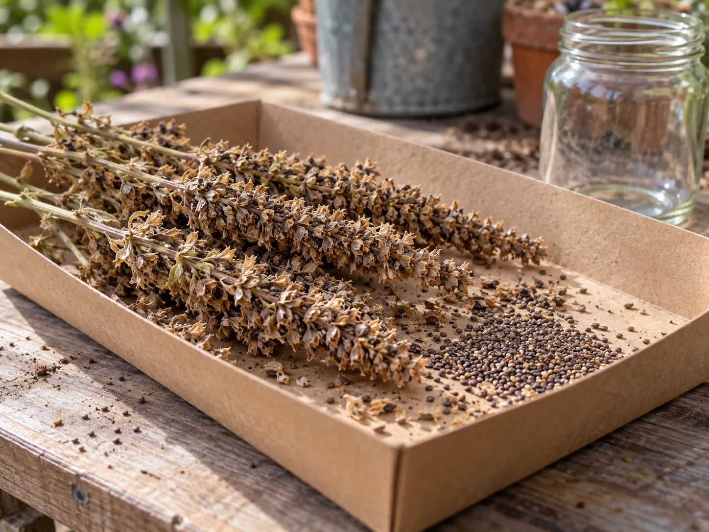 Dry chia flower spikes and loose seeds resting in a paper tray before cleaning and storage