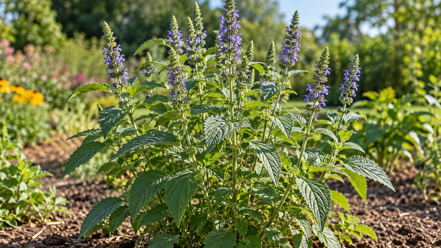 Healthy chia plants growing outdoors with toothed leaves and violet flower spikes
