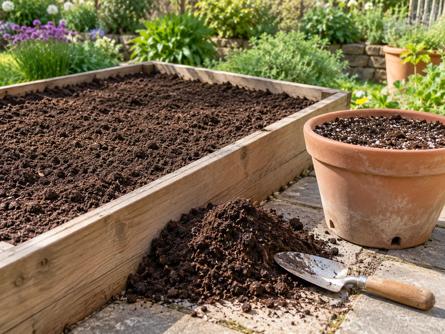 Prepared raised bed and wide container filled with well-drained soil