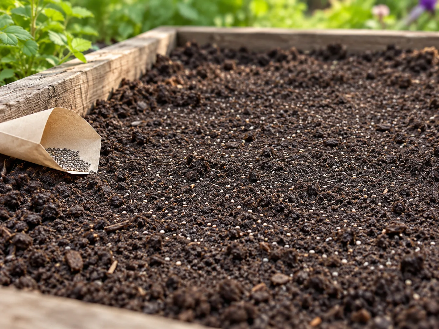Tiny chia seeds spread sparsely across moist seedbed soil