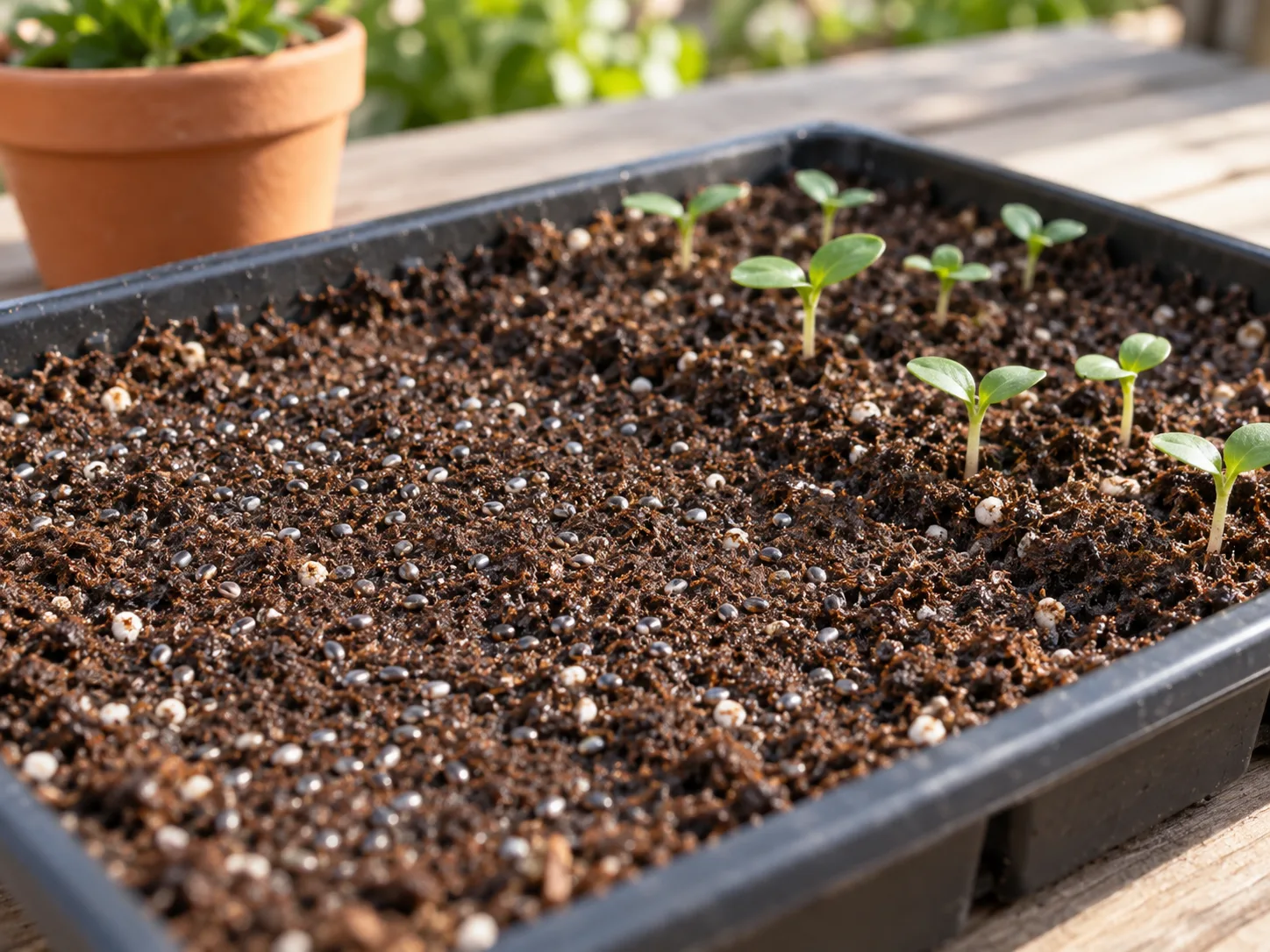 Chia seeds sown sparsely on moist seed-starting mix beside small seedlings in a nursery tray