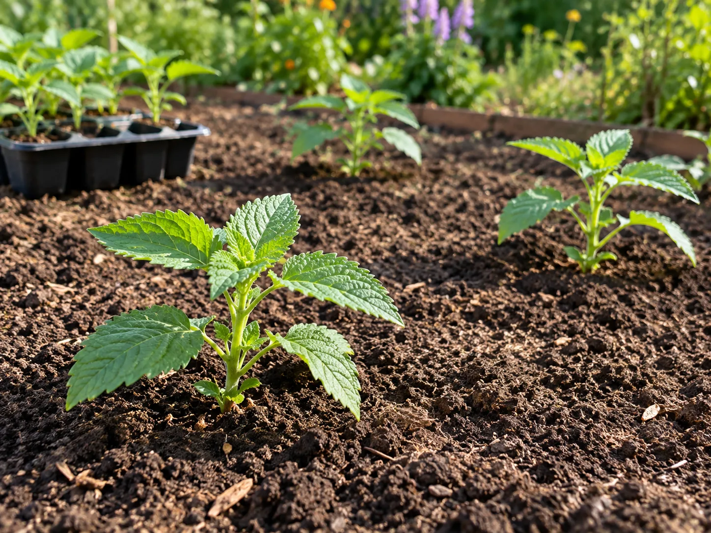 Young chia seedlings spaced apart in a sunny outdoor garden bed