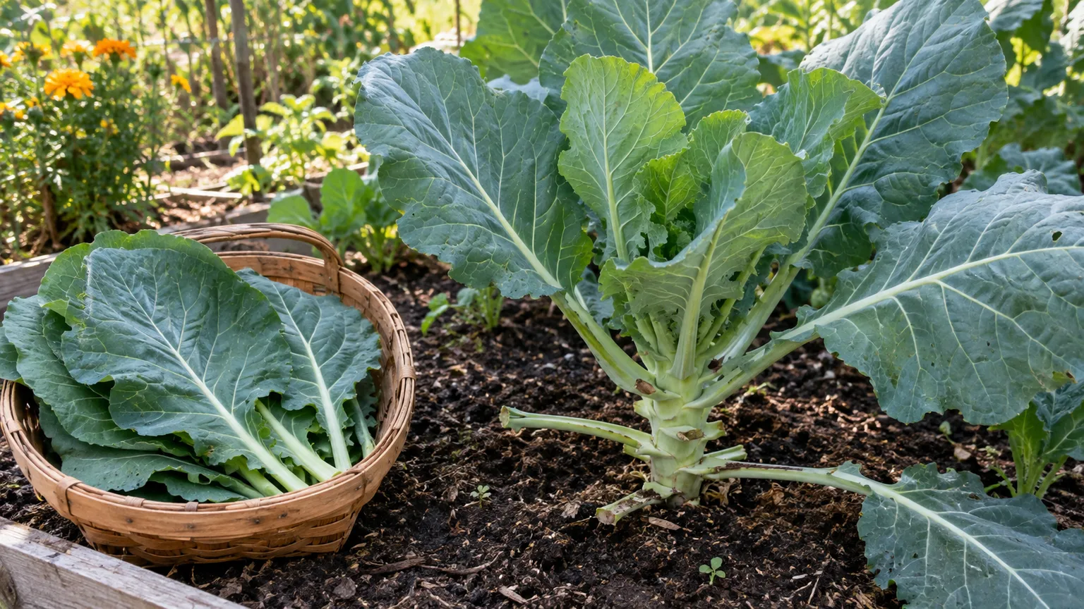 Mature collard greens with outer leaves harvested and a basket of fresh leaves beside the intact crown.