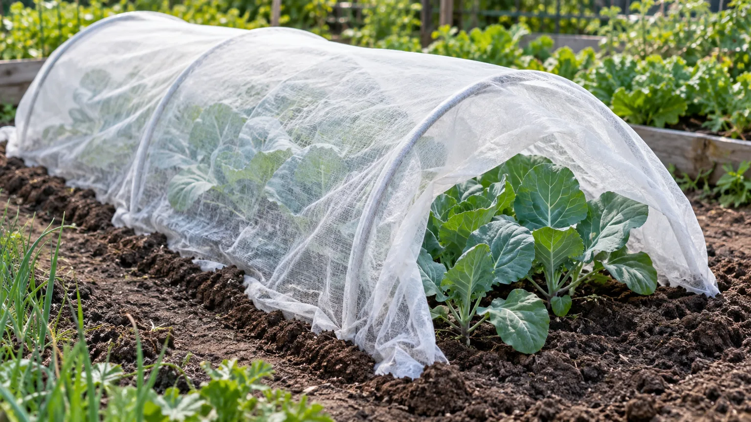 Floating insect netting over young brassica transplants in a vegetable bed