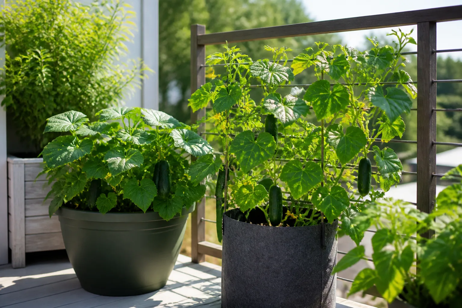 Cucumber vines growing in patio containers with trellis support and developing fruit in full sun