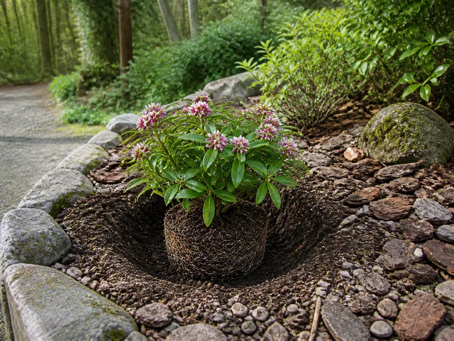 Daphne shrub planted at the correct soil level in a raised, free-draining bed