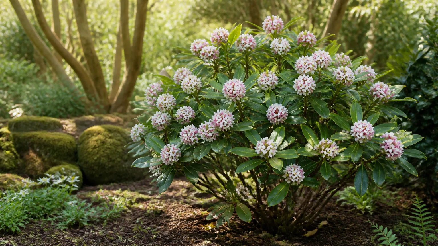 Winter Daphne with glossy evergreen leaves and clusters of pale pink flowers in a sheltered garden