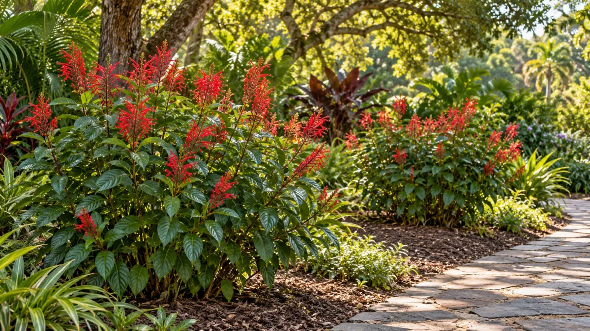 Firespike shrubs growing in bright filtered light with room to spread beside a garden path