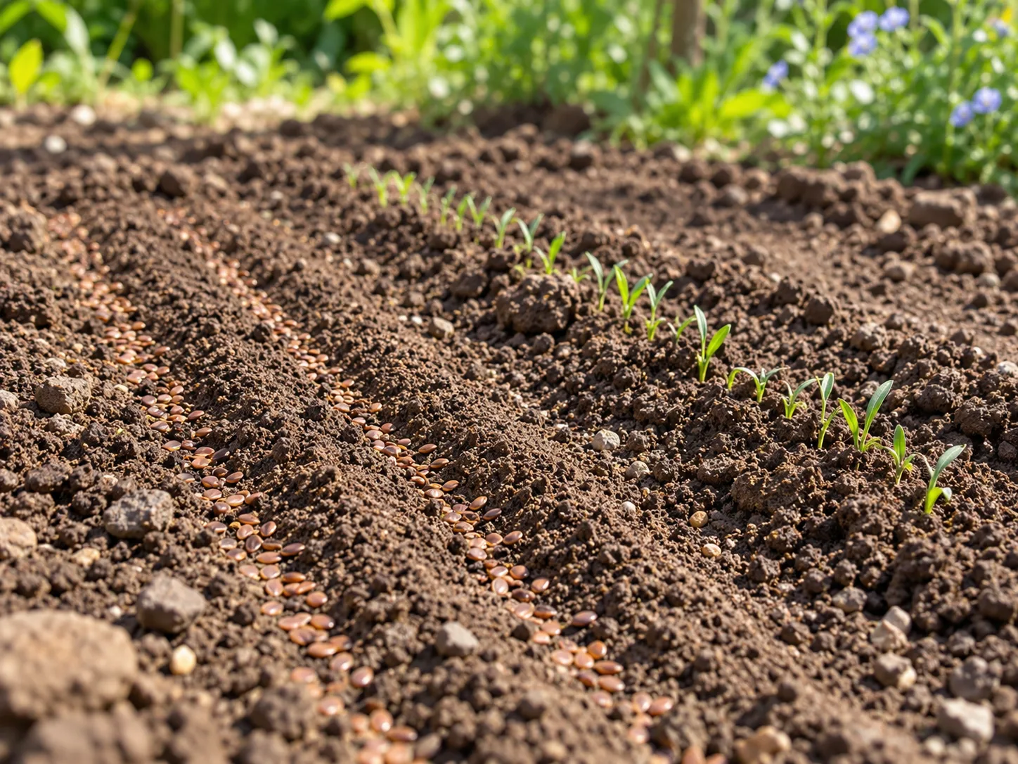 Direct-sown flax seeds and young narrow seedlings in a prepared garden bed