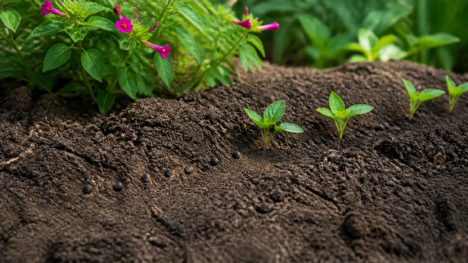 Four o'clock seeds and young seedlings in a prepared outdoor garden bed