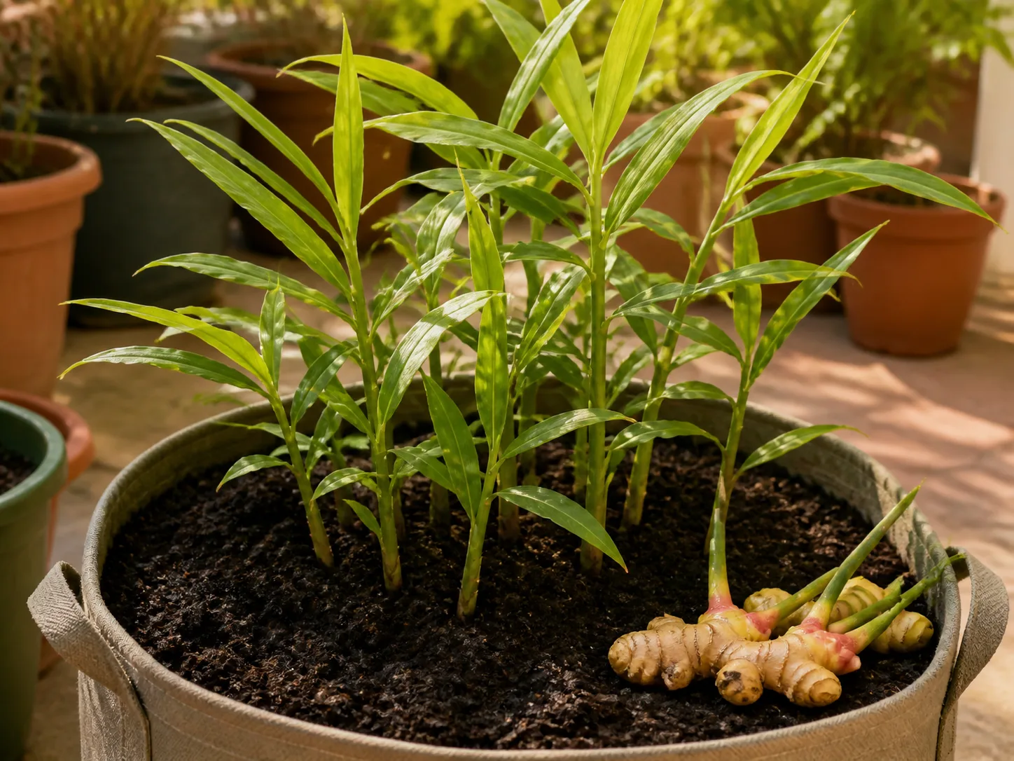 Healthy ginger growing in a wide container on a warm sheltered patio