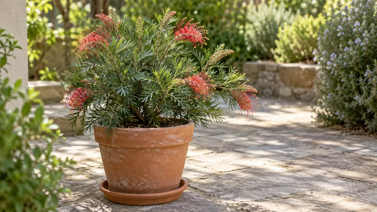 A compact flowering Grevillea growing in a freely draining terracotta pot on a bright, sheltered patio.