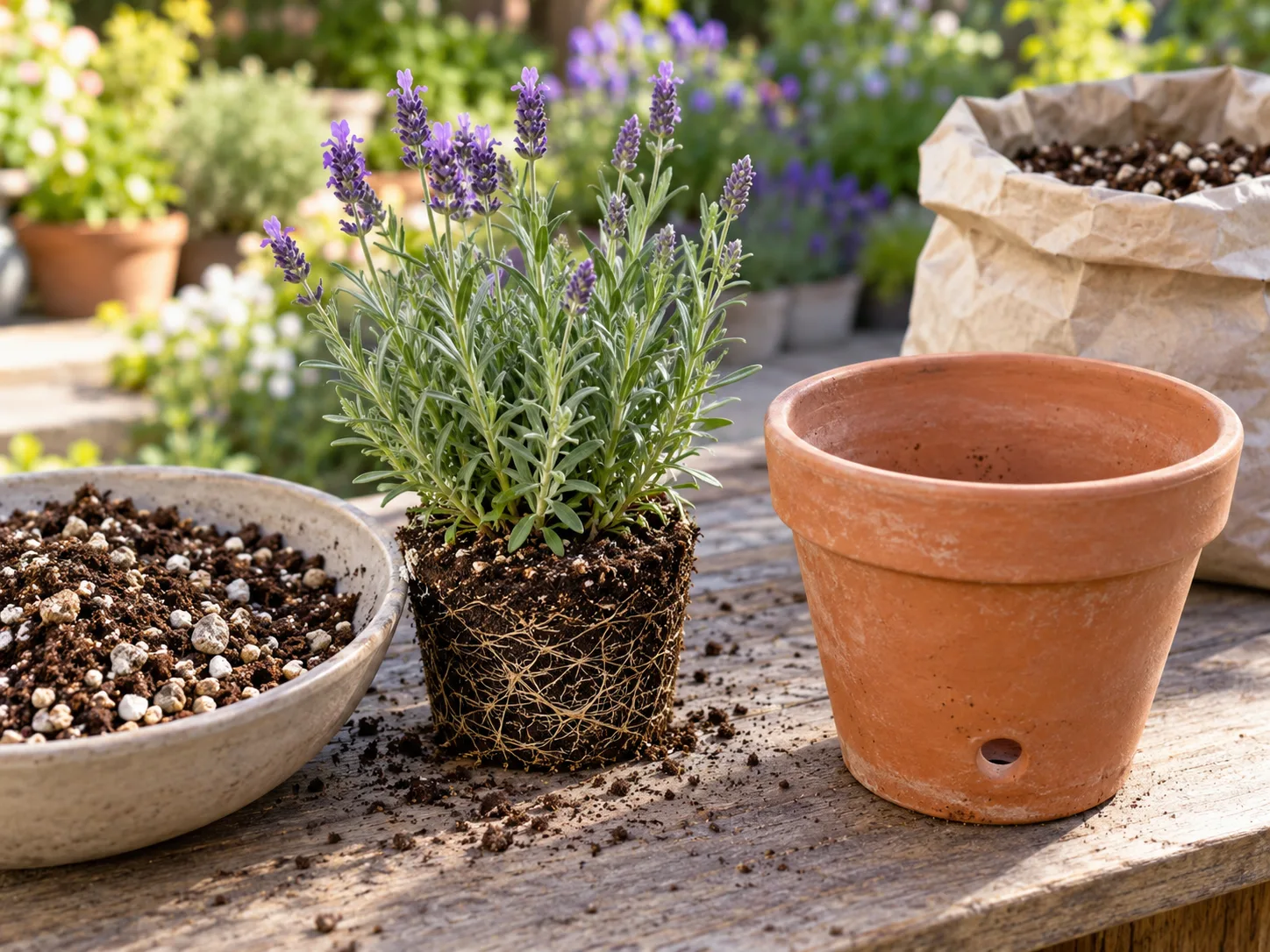 Lavender, gritty potting mix, and a container arranged for planting on an outdoor potting bench