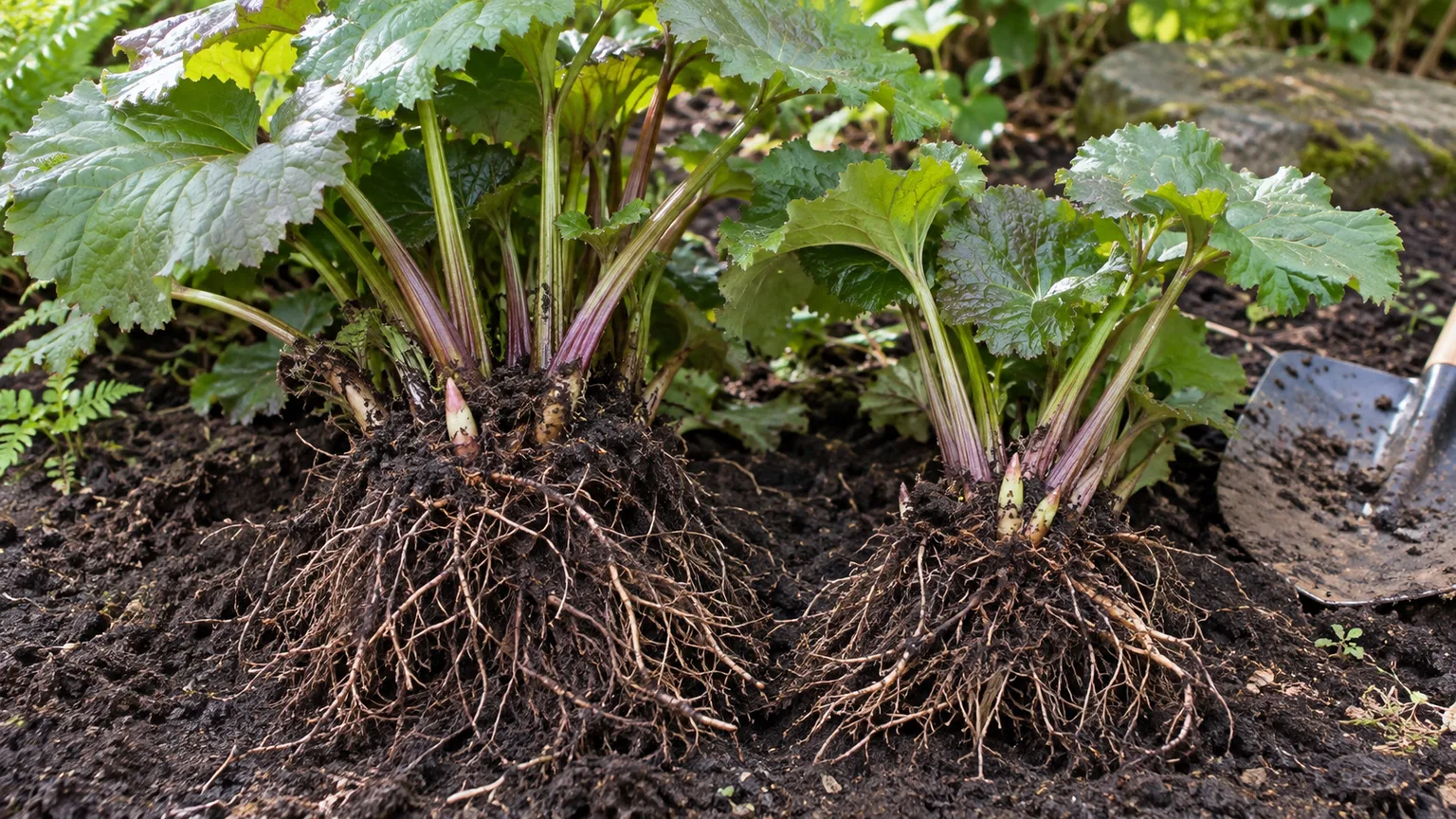 Two viable Ligularia divisions with fibrous roots and healthy growing points.