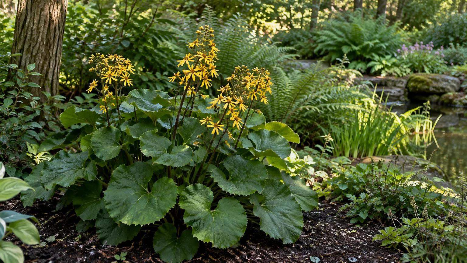 Ligularia with broad leaves and yellow-orange flower heads growing in a sheltered, moist shade border.