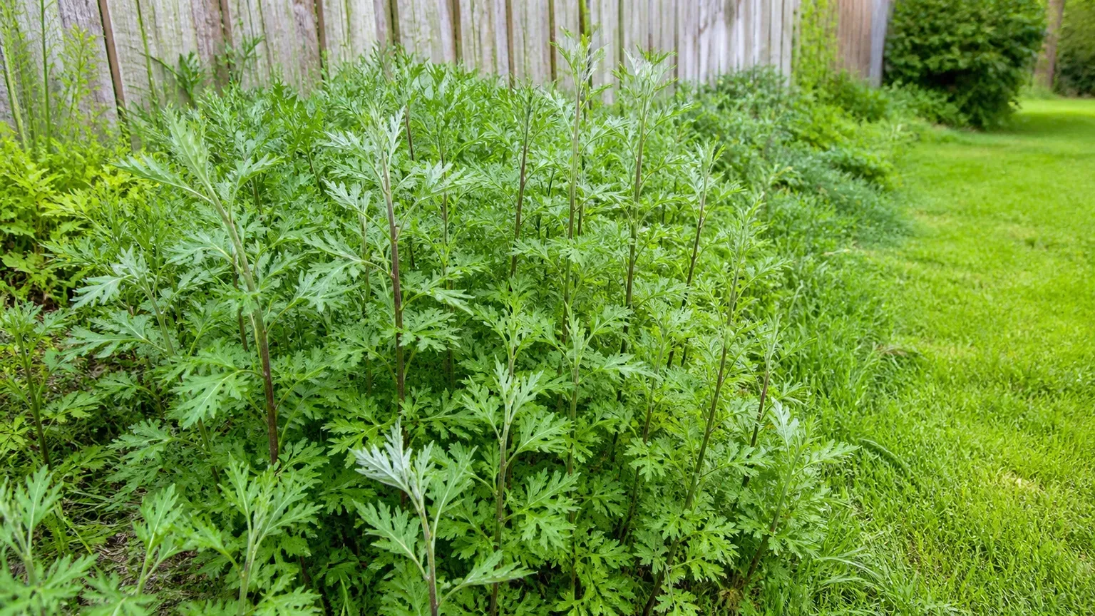 Dense common mugwort patch with silvery leaf undersides along a residential garden edge