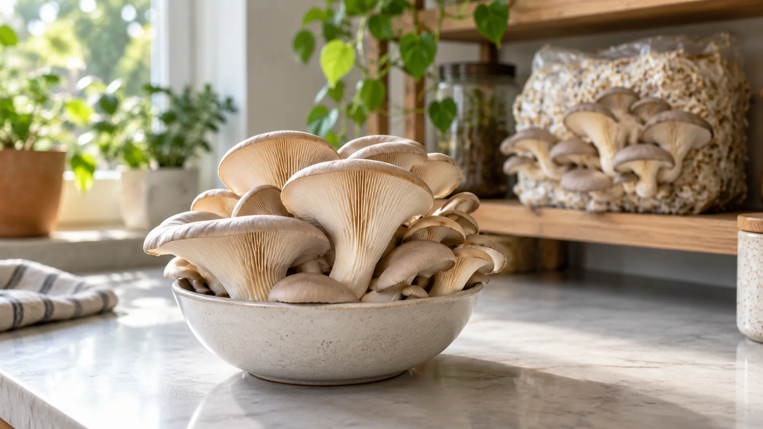 Fresh pearl oyster mushrooms harvested at home beside a fruiting grow block