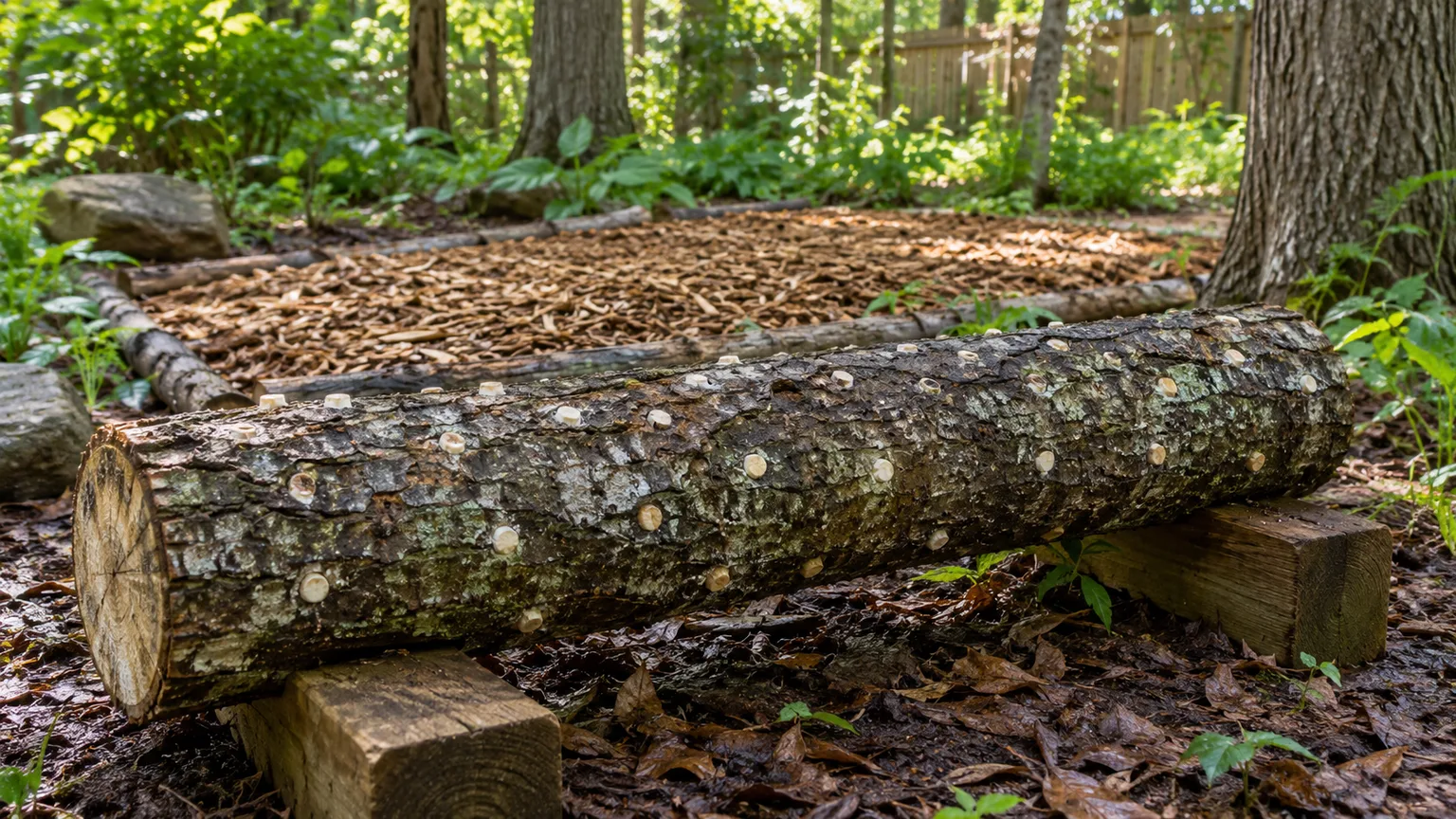 A shiitake log inoculated with spawn plugs resting beside a shaded hardwood-chip mushroom bed