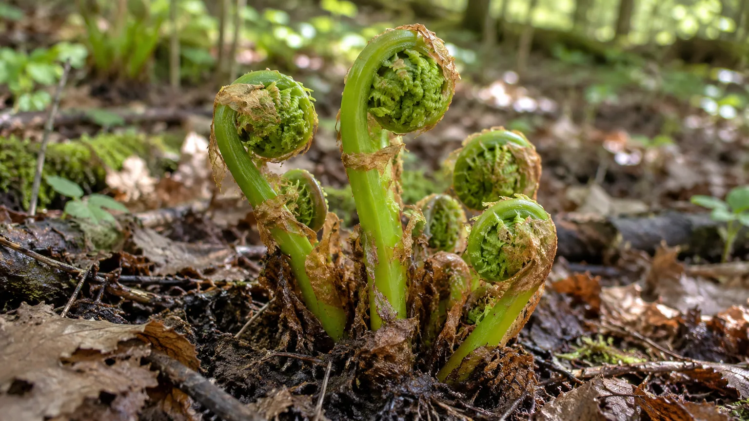 Tightly coiled ostrich fern fiddleheads with papery brown scales emerging from moist woodland soil