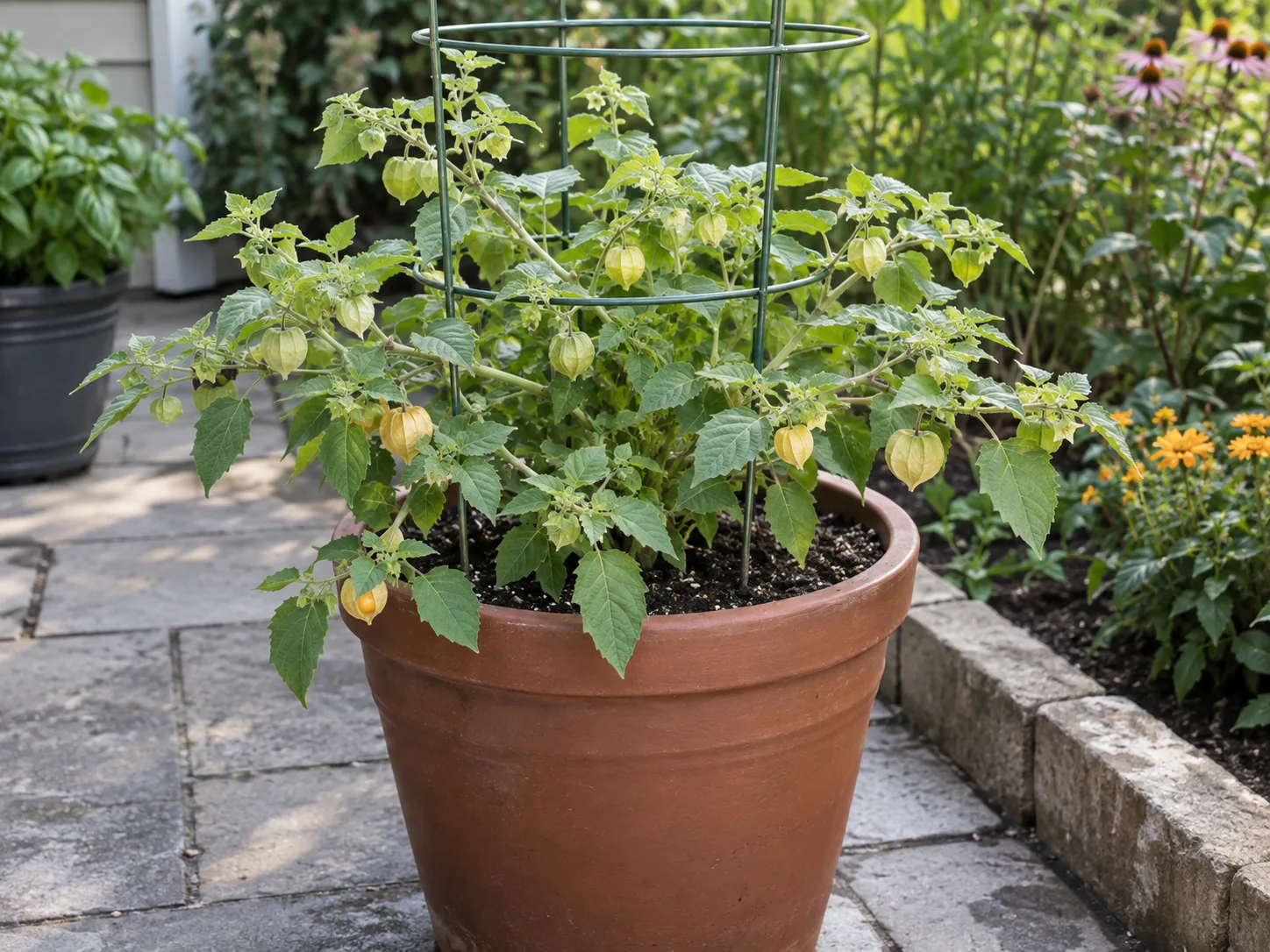 A sprawling ground cherry plant growing in a large, well-drained patio container with a support cage and papery fruit husks.