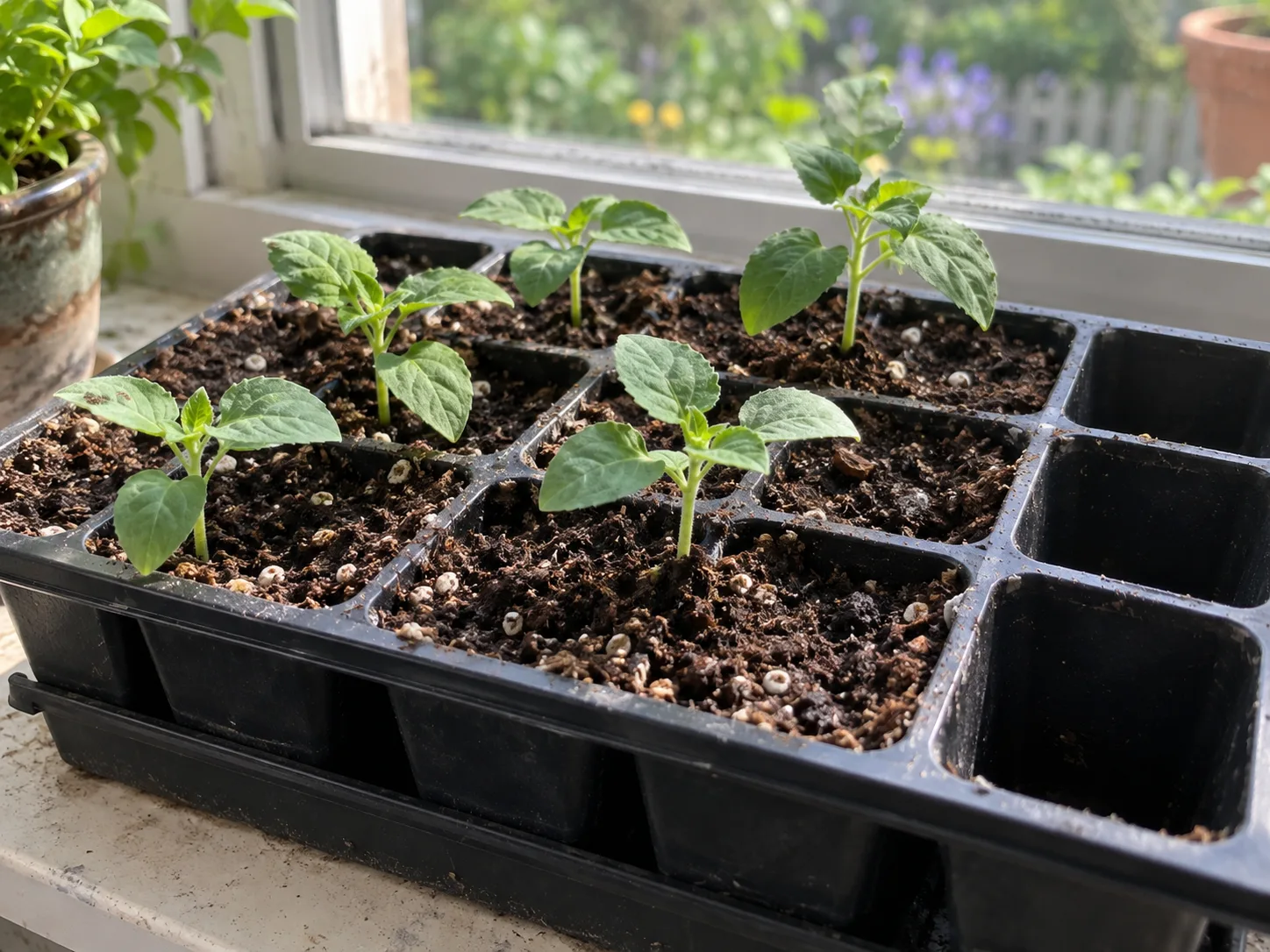 Ground cherry seedlings with their first true leaves in a seed tray under bright natural light.