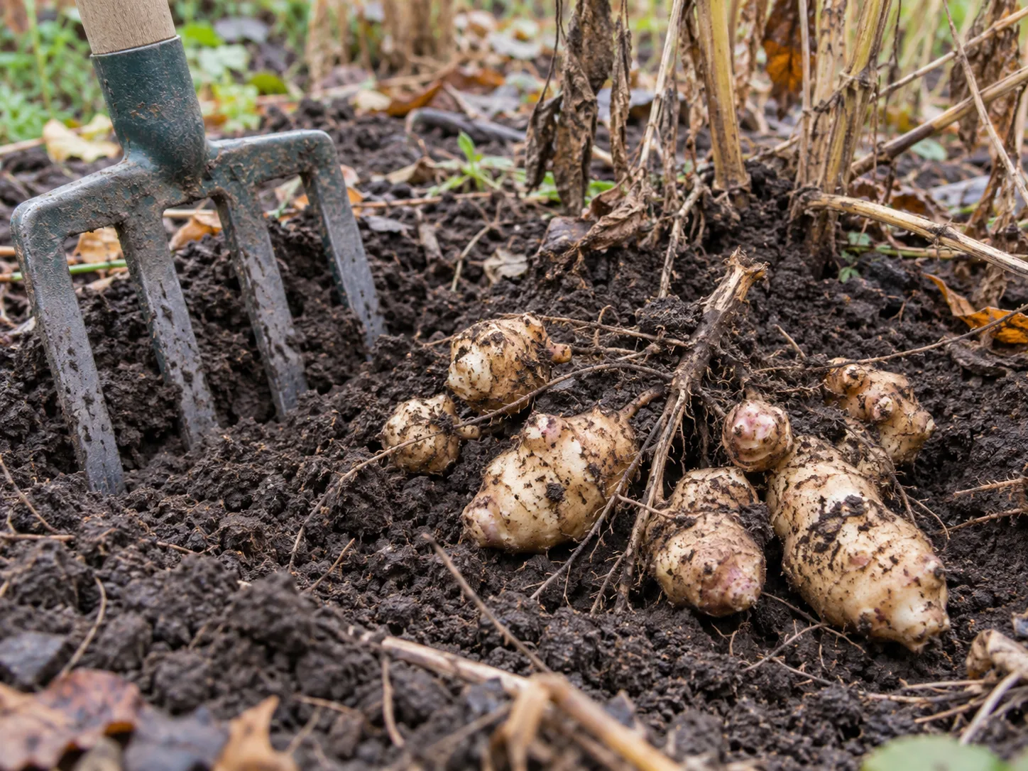Freshly unearthed Jerusalem artichoke tubers beside a garden fork