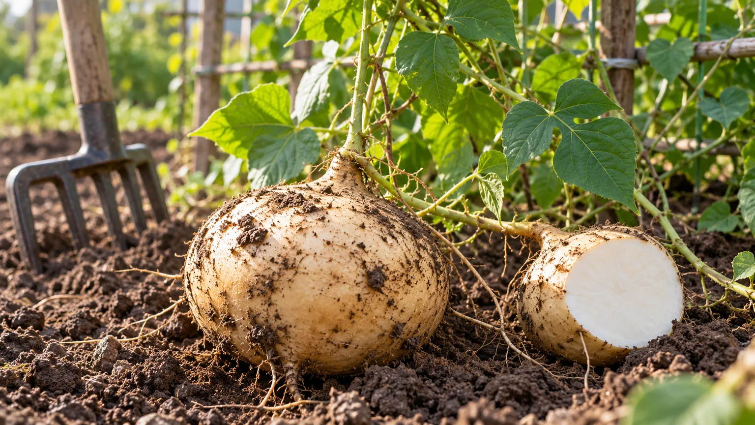 Freshly lifted jicama roots in garden soil beside the climbing vine
